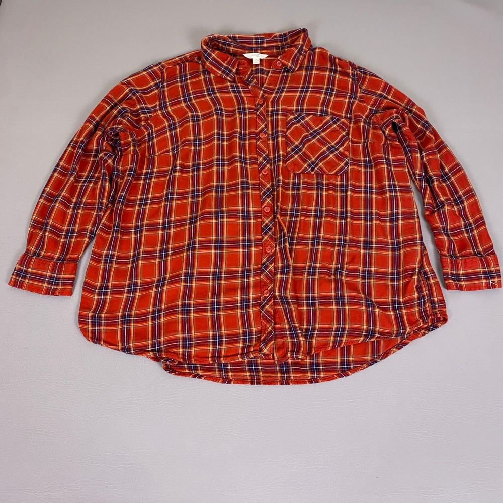 Terra & Sky Flannel Shirt Womens Plus 2X Red Plaid Viscose Long Sleeve Button Up